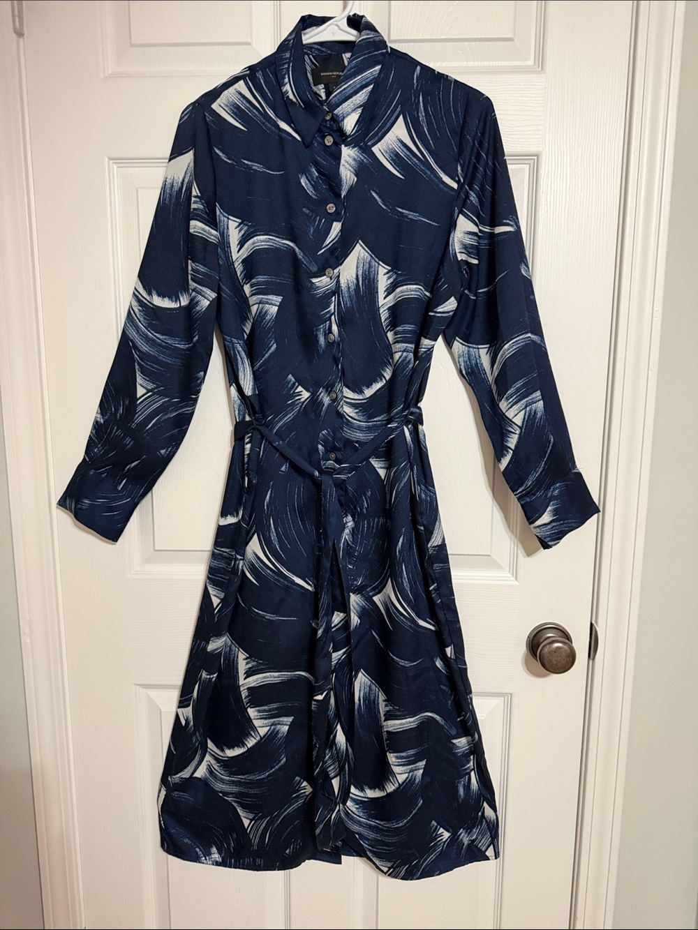 Banana Republic Navy and White Brushstroke Long Sleeve Shirt Dress